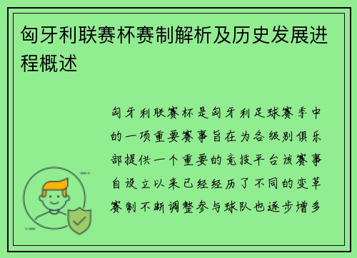 匈牙利联赛杯赛制解析及历史发展进程概述