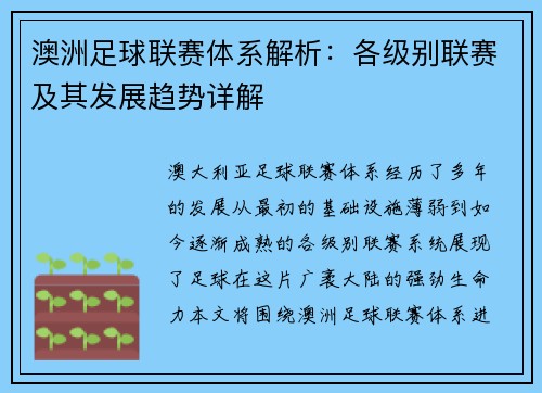 澳洲足球联赛体系解析：各级别联赛及其发展趋势详解