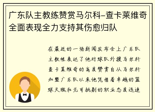 广东队主教练赞赏马尔科-查卡莱维奇全面表现全力支持其伤愈归队